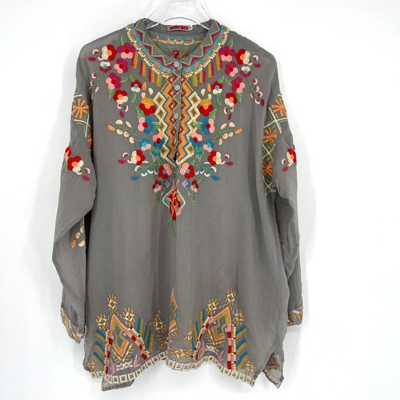 Johnny Was Tops - Johnny Was Top Womens S Floral Embroidered Jessa Tunic Boho Tribal Gray Hippie